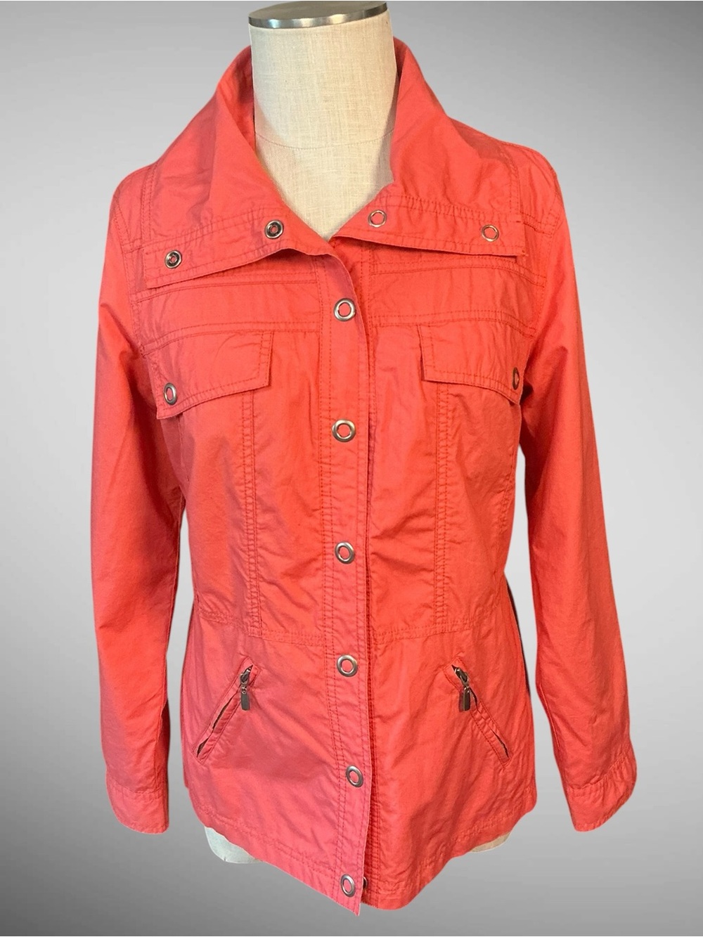 Chico’s Coral Utility Jacket Snap Front Cinch Waist Size 1 Medium